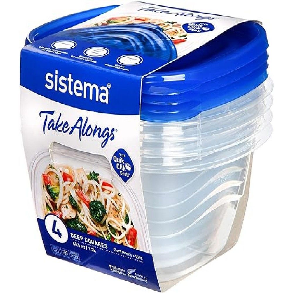 Sistema Takealongs Deep Square food storage containers, clear with blue lid, 1.2L, pack of 4, Phthlate & BPA free and Dishwasher & Microwave Safe.
