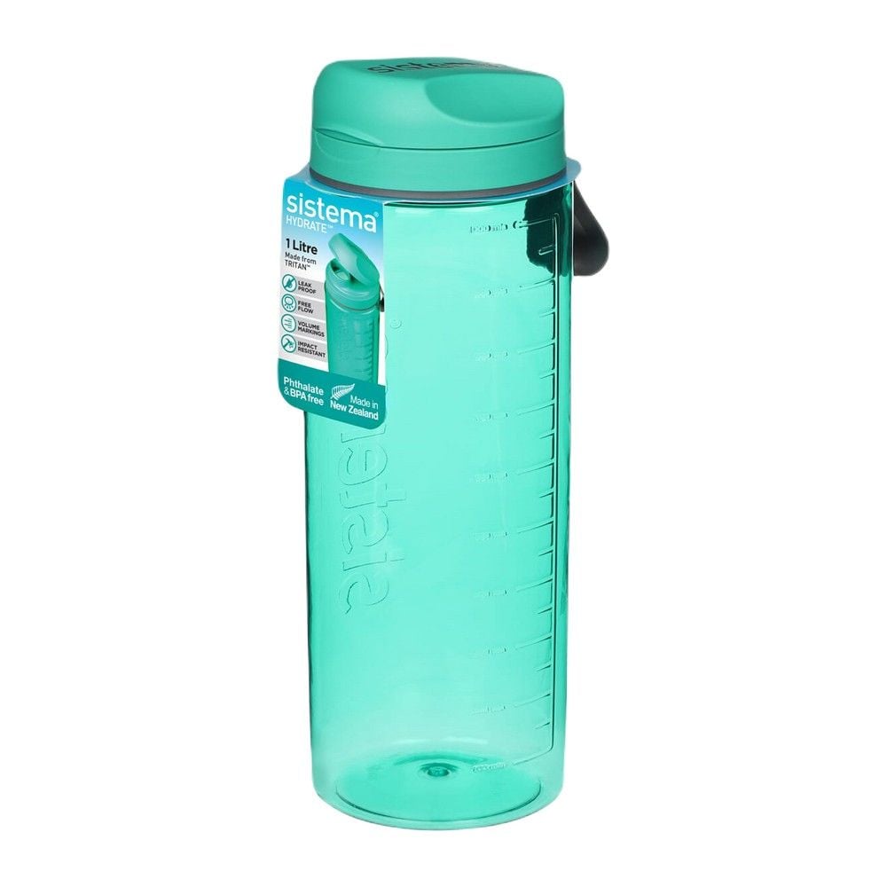 زجاجة تريتان سعة 1 لتر من سيستيما، تصميم أنيق مصنوع من البلاستيك عالي الجودة يتميز بفتحة سهلة مع ماصة واسعة الفم، مقاومة للتسرب والصدمات، خالية من مادة BPA. أخضر