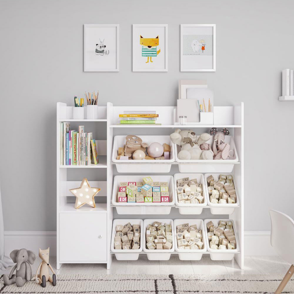 Homesmiths Kids Toy Storage Organizer with Kids Toy Shelf and 8 White Toy Bins – Perfect Toy Storage Solution - Your Kids Will Have Fun and You Will be Free from Messes! D30 x W112.52 x H100 cm