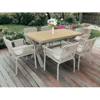 Wooden Twist Module All-Weather Resistant Aluminum Frame WPC 6-Seater Dining Set with Cushions