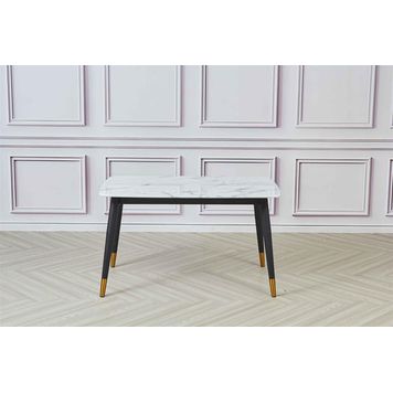 Wooden Twist Villoso Modern Rectangular Marble Top 4 Seater Dining Table Set with Black Iron Legs and Gold Corner Accents