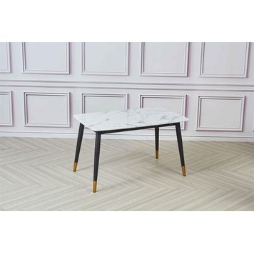 Wooden Twist Villoso Modern Rectangular Marble Top Breakfast Dining Table with Black Iron Legs and Gold Corner Accents
