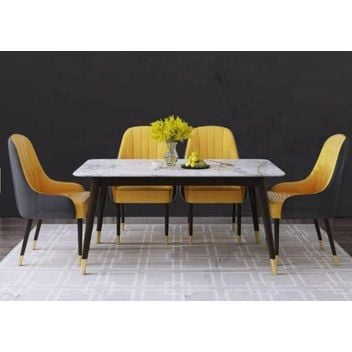 Wooden Twist Villoso Modern Rectangular Marble Top 6 Seater Dining Table Set with Black Iron Legs and Gold Corner ( Yellow )