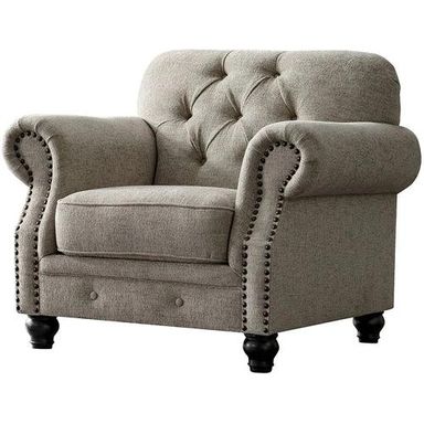 Luxury Chesterfield Chenille Diamond Tufted Armchair Sofa (Grey Color Walnut Legs)