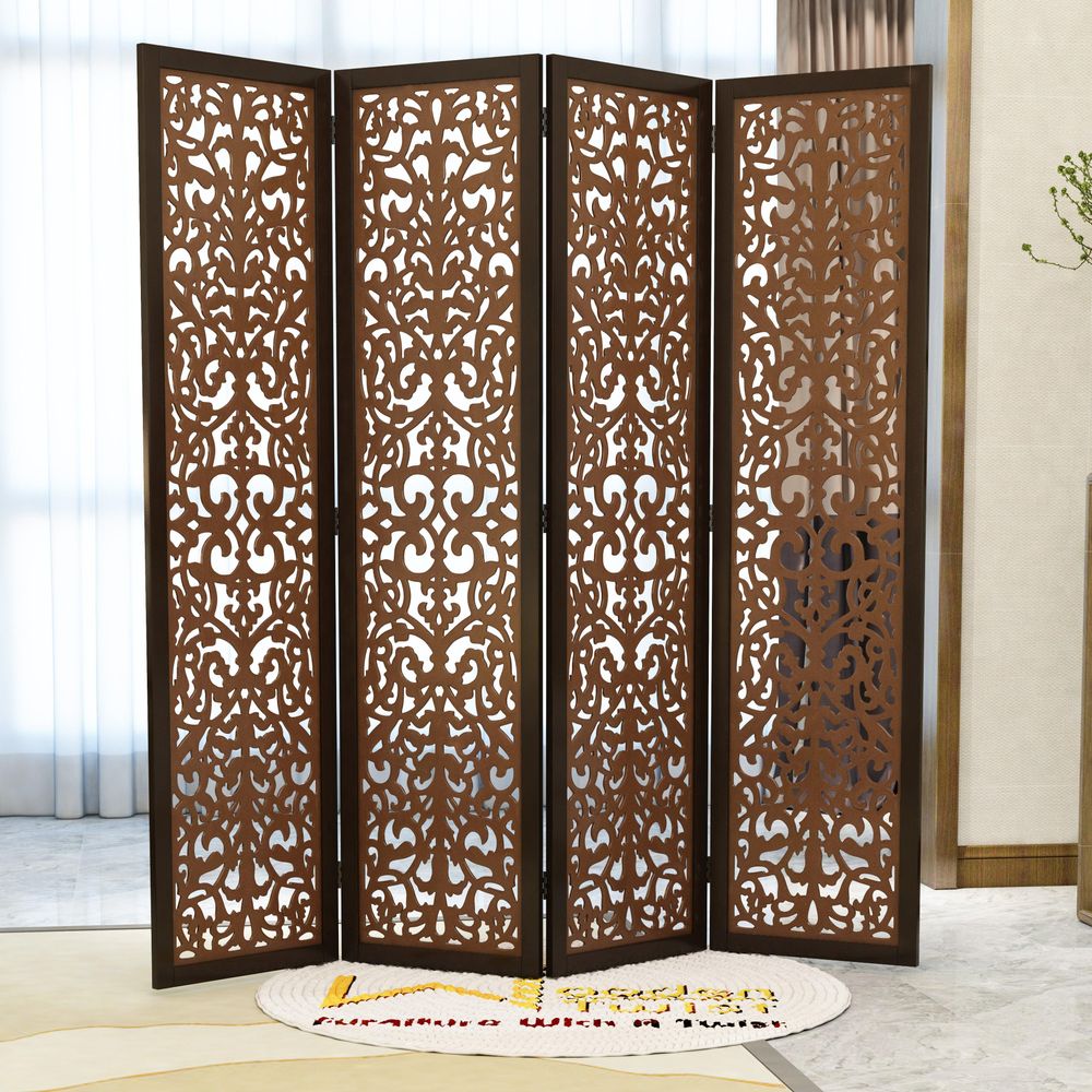 Wooden Twist handcrafted 4 Panel Wooden Room Partition & Room Divider (Dark Brown)